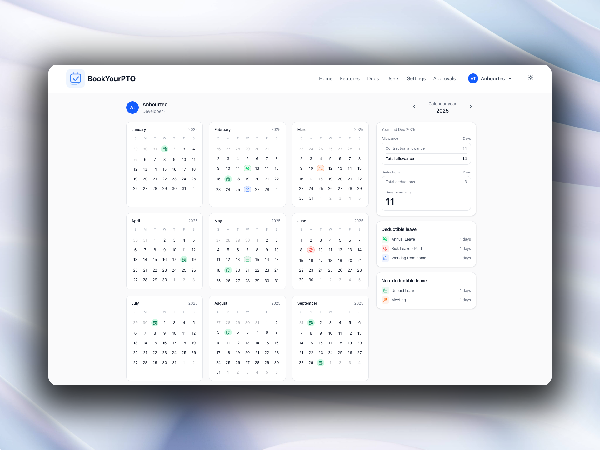 Interactive calendar view showing team leave schedule
